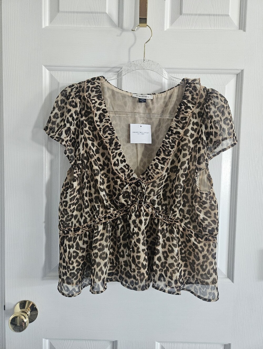 NWT AE American Eagle V-Neck Chiffon Babydoll Blouse- Leopard